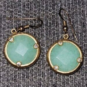 Never Used Green Aventurine Circle Earrings W/ Gold Trim, 6 CZ Stones, Fish Hook